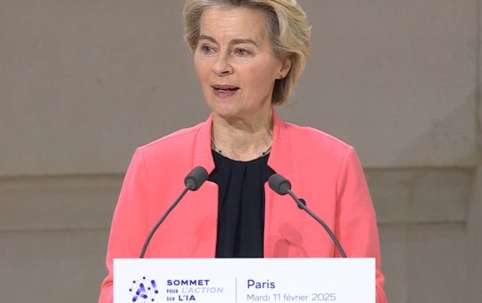 Photo of European Commission President Ursula von der Leyen at the AI Action Summit in Paris setting out how Europe plans to respond to the AI race including through gigafactories and the European Union AI Act while arguing for safety and reducing risks, arguing that ethical AI is a global responsibility.