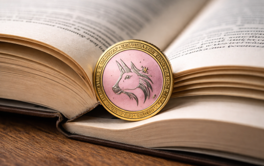 A cryptocurrency token featuring a unicorn emblem resting on the pages of an open book.