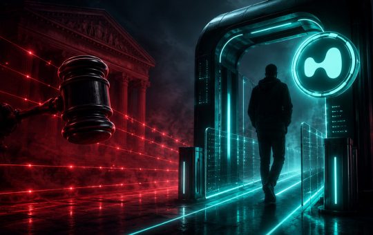 Hyperliquid symbol emerging from a red digital network and data streams, illustrating blockchain transactions, cryptocurrency markets, and Bitcoin ecosystem growth.