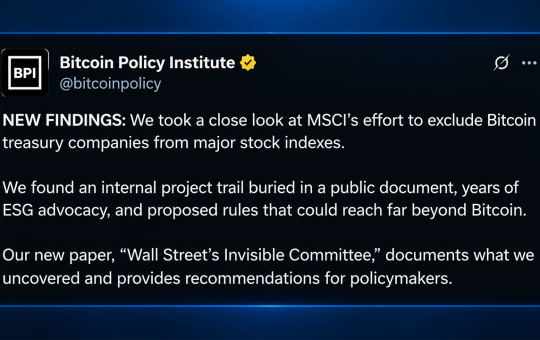 MSCI Rule Puts Strategy at Risk, Says Bitcoin Policy Institute Paper